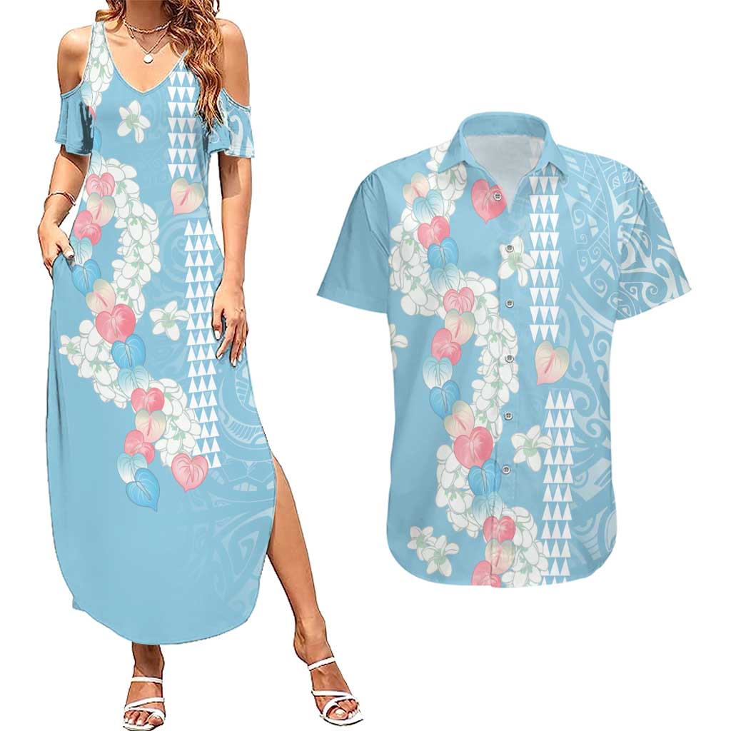 Blue Hawaii Anthurium Plumeria Lei Couples Matching Summer Maxi Dress and Hawaiian Shirt LT9 Blue - Polynesian Pride