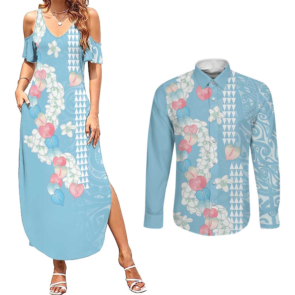 Blue Hawaii Anthurium Plumeria Lei Couples Matching Summer Maxi Dress and Long Sleeve Button Shirt LT9 Blue - Polynesian Pride
