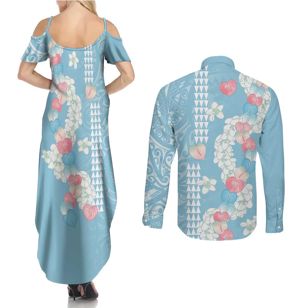 Blue Hawaii Anthurium Plumeria Lei Couples Matching Summer Maxi Dress and Long Sleeve Button Shirt LT9 - Polynesian Pride
