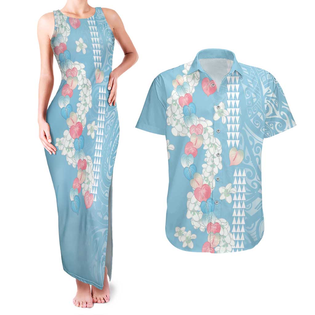 Blue Hawaii Anthurium Plumeria Lei Couples Matching Tank Maxi Dress and Hawaiian Shirt