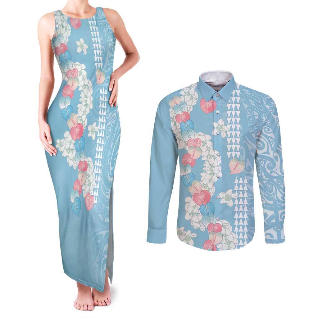 Blue Hawaii Anthurium Plumeria Lei Couples Matching Tank Maxi Dress and Long Sleeve Button Shirt