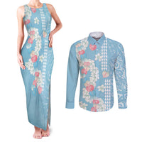 Blue Hawaii Anthurium Plumeria Lei Couples Matching Tank Maxi Dress and Long Sleeve Button Shirt LT9 Blue - Polynesian Pride