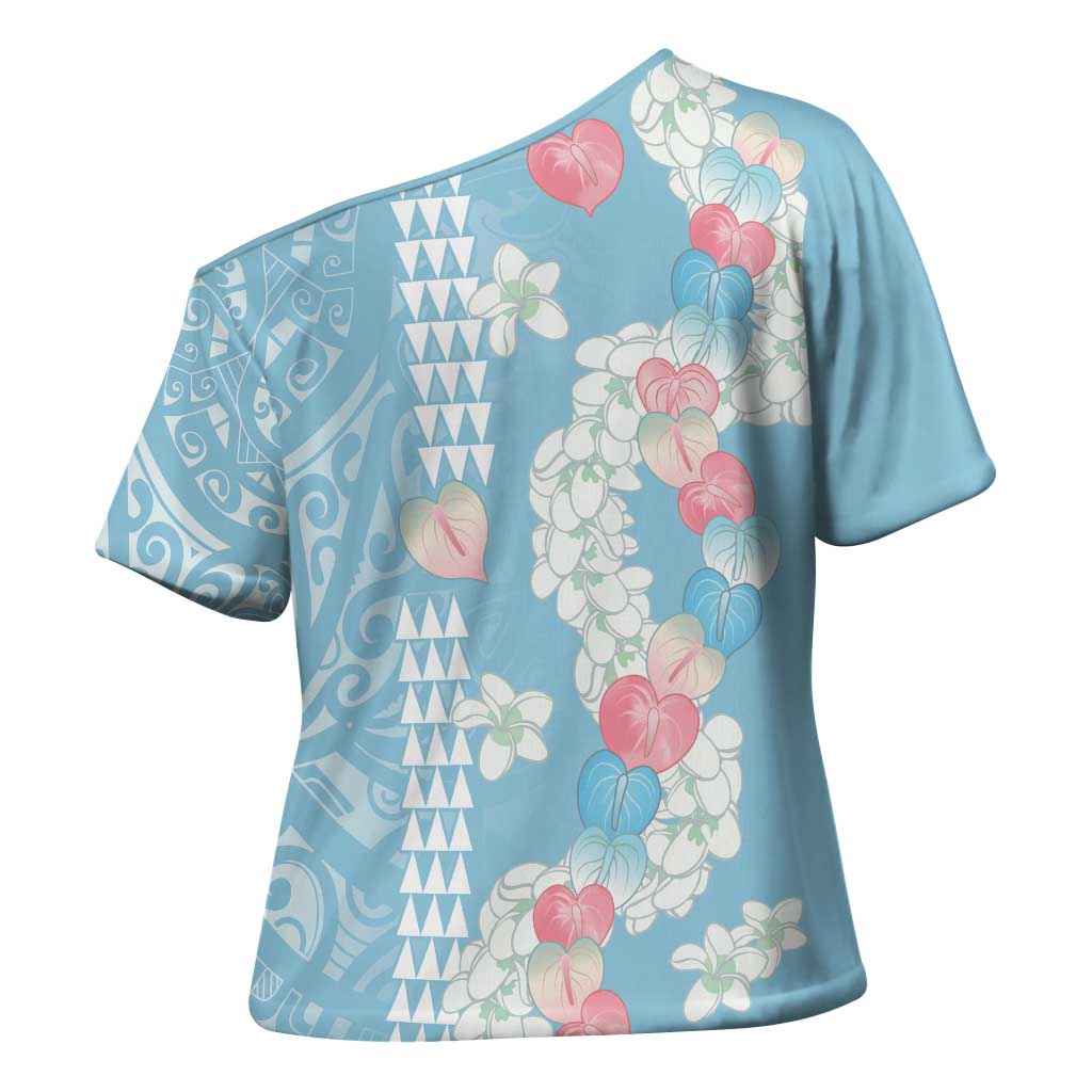 Blue Hawaii Anthurium Plumeria Lei Cross Shoulder Shirt LT9 - Polynesian Pride