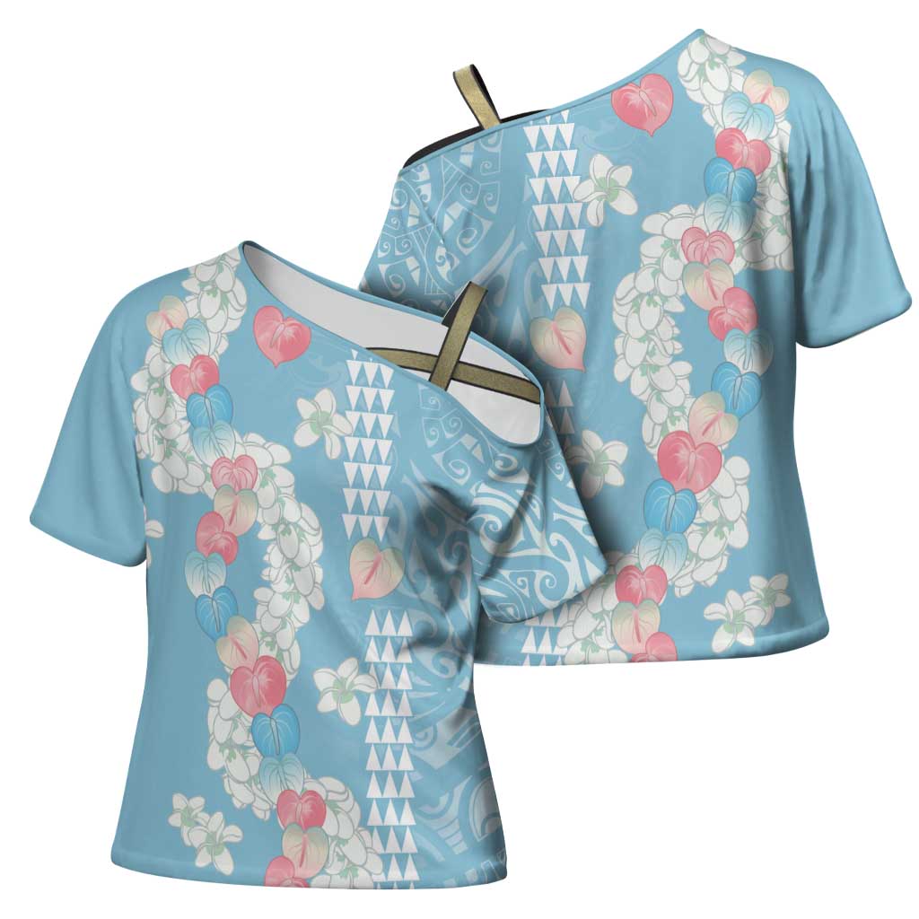 Blue Hawaii Anthurium Plumeria Lei Cross Shoulder Shirt LT9 - Polynesian Pride