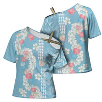 Blue Hawaii Anthurium Plumeria Lei Cross Shoulder Shirt LT9 - Polynesian Pride