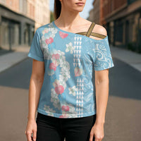 Blue Hawaii Anthurium Plumeria Lei Cross Shoulder Shirt LT9 - Polynesian Pride