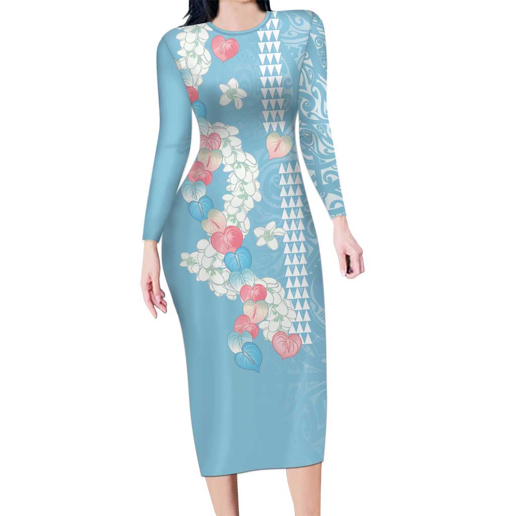 Blue Hawaii Anthurium Plumeria Lei Family Matching Long Sleeve Bodycon Dress and Hawaiian Shirt