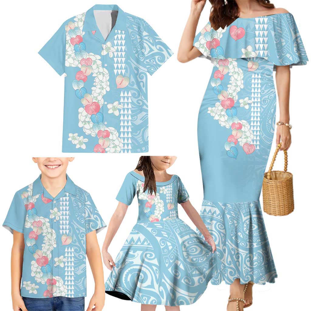 Blue Hawaii Anthurium Plumeria Lei Family Matching Mermaid Dress and Hawaiian Shirt
