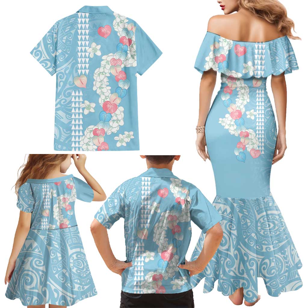 Blue Hawaii Anthurium Plumeria Lei Family Matching Mermaid Dress and Hawaiian Shirt