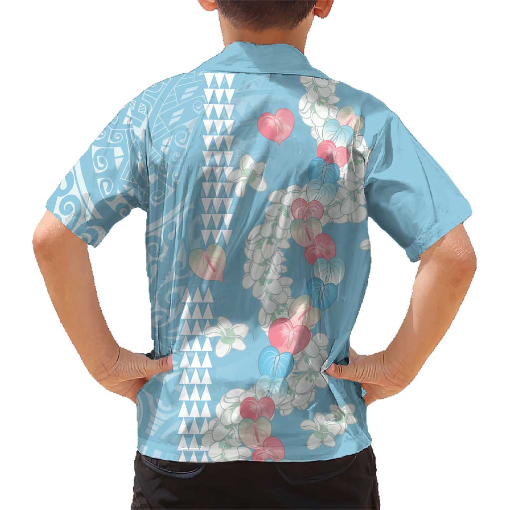 Blue Hawaii Anthurium Plumeria Lei Family Matching Off The Shoulder Long Sleeve Dress and Hawaiian Shirt