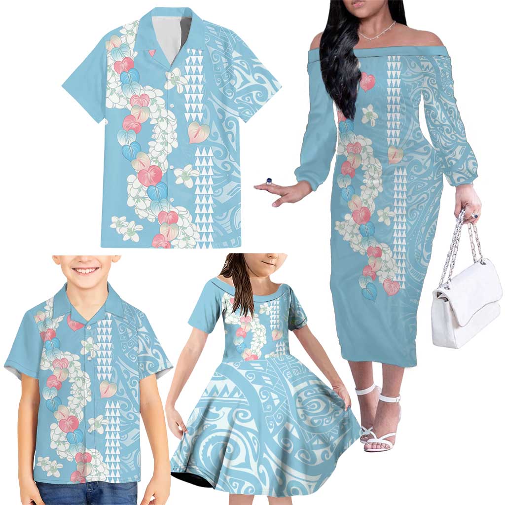 Blue Hawaii Anthurium Plumeria Lei Family Matching Off The Shoulder Long Sleeve Dress and Hawaiian Shirt