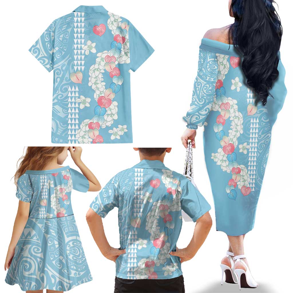 Blue Hawaii Anthurium Plumeria Lei Family Matching Off The Shoulder Long Sleeve Dress and Hawaiian Shirt