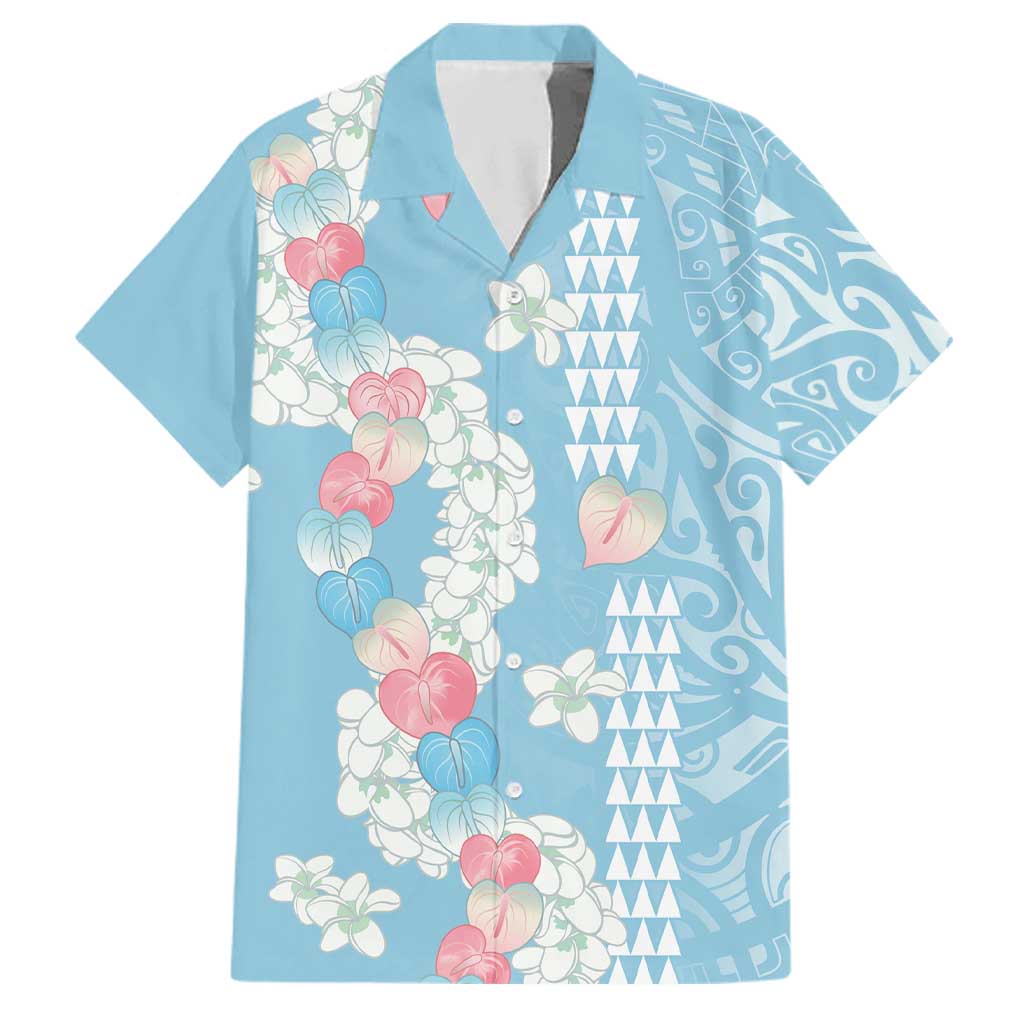 Blue Hawaii Anthurium Plumeria Lei Family Matching Off The Shoulder Long Sleeve Dress and Hawaiian Shirt