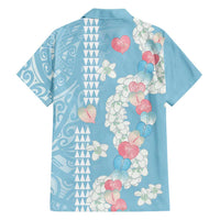Blue Hawaii Anthurium Plumeria Lei Family Matching Off The Shoulder Long Sleeve Dress and Hawaiian Shirt