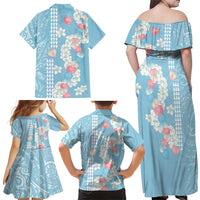Blue Hawaii Anthurium Plumeria Lei Family Matching Off Shoulder Maxi Dress and Hawaiian Shirt