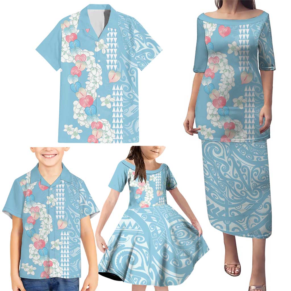 Blue Hawaii Anthurium Plumeria Lei Family Matching Puletasi and Hawaiian Shirt