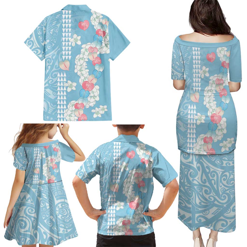 Blue Hawaii Anthurium Plumeria Lei Family Matching Puletasi and Hawaiian Shirt