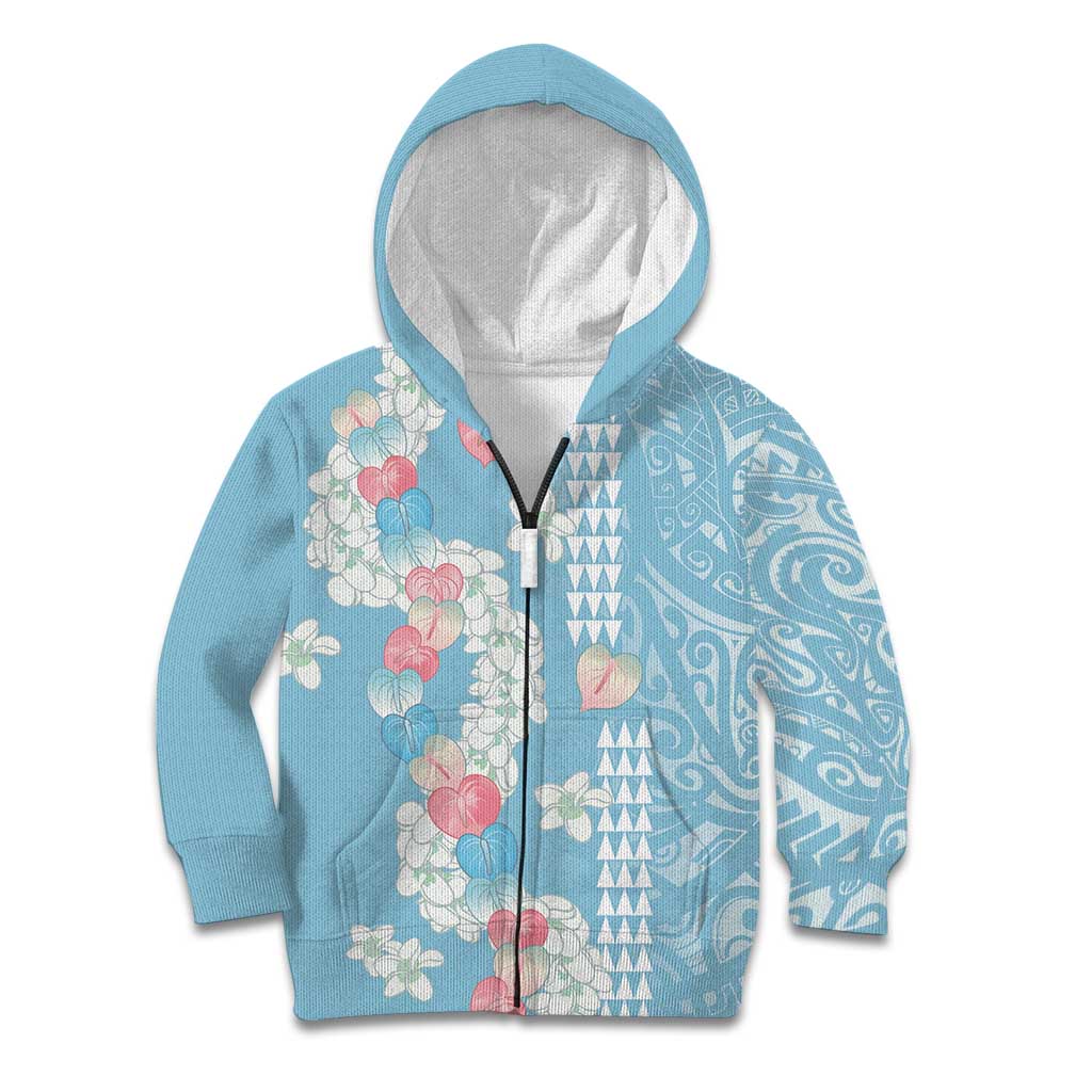 Blue Hawaii Anthurium Plumeria Lei Kid Hoodie LT9 Zip Hoodie Blue - Polynesian Pride