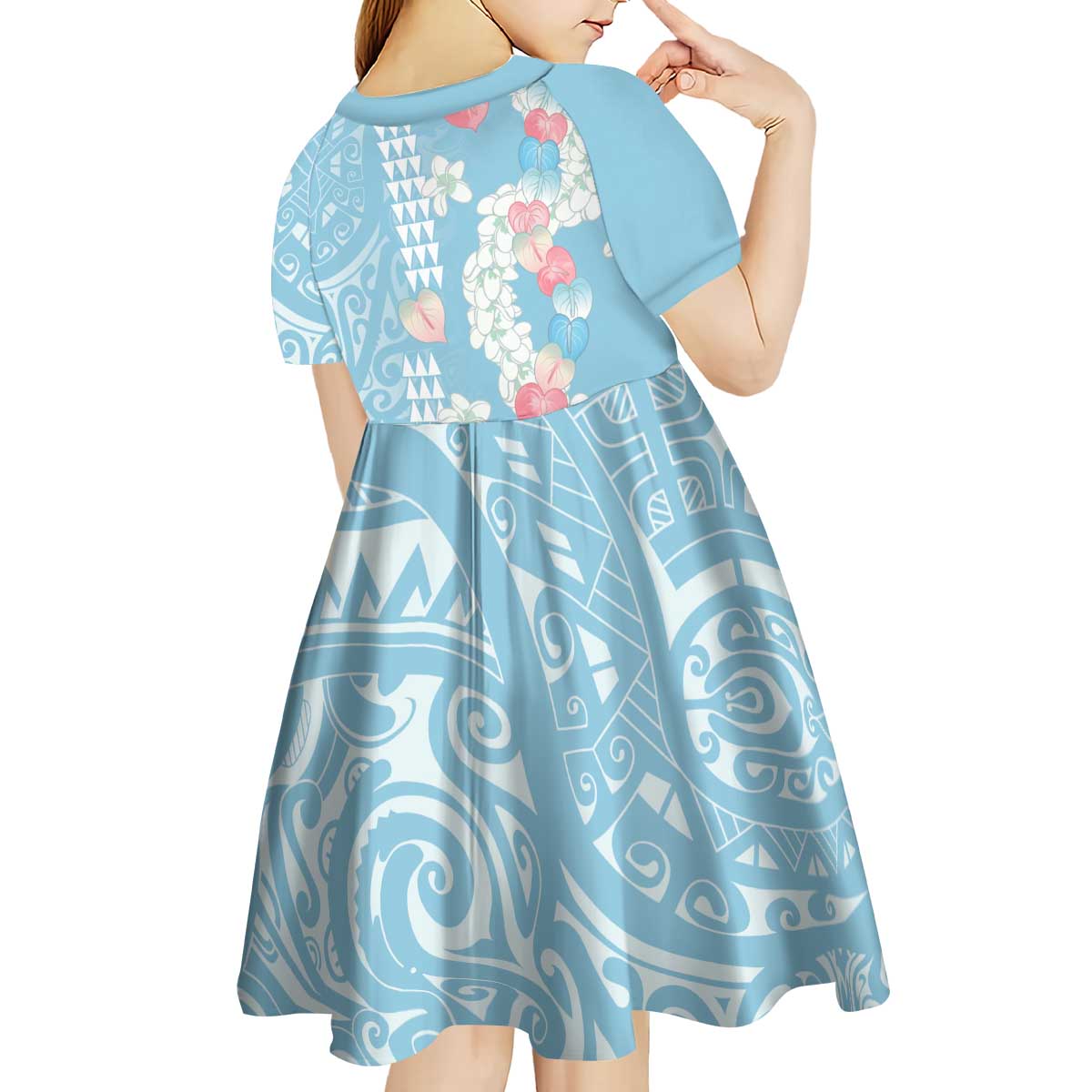 Blue Hawaii Anthurium Plumeria Lei Kid Short Sleeve Dress LT9 - Polynesian Pride