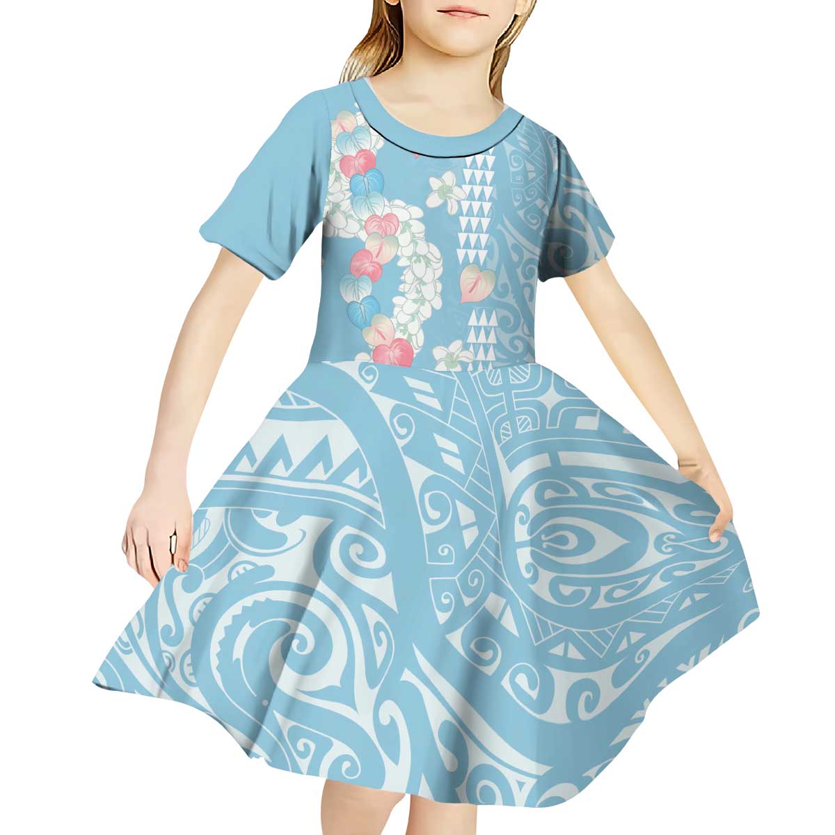 Blue Hawaii Anthurium Plumeria Lei Kid Short Sleeve Dress LT9 - Polynesian Pride