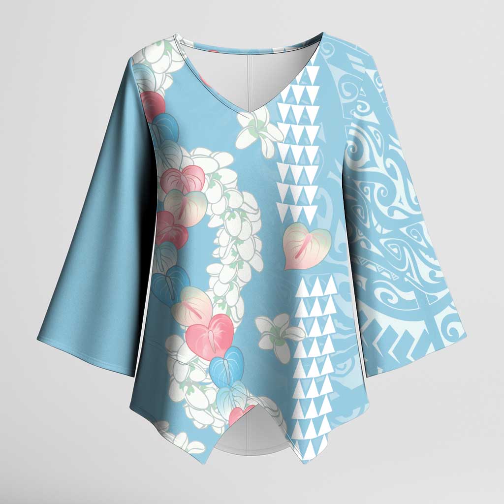 Blue Hawaii Anthurium Plumeria Lei Kimono Sleeve Blouse LT9 Female Blue - Polynesian Pride