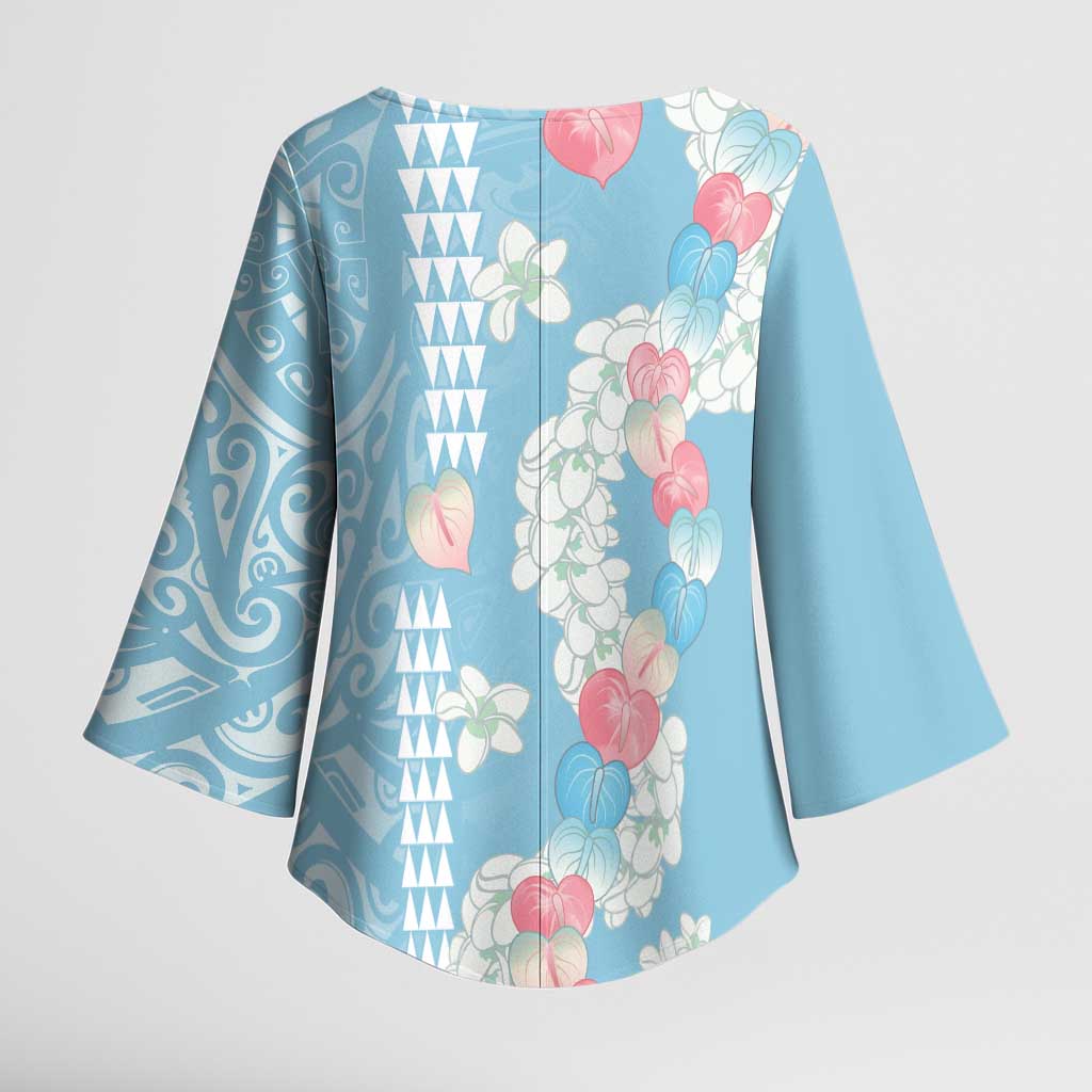 Blue Hawaii Anthurium Plumeria Lei Kimono Sleeve Blouse LT9 - Polynesian Pride