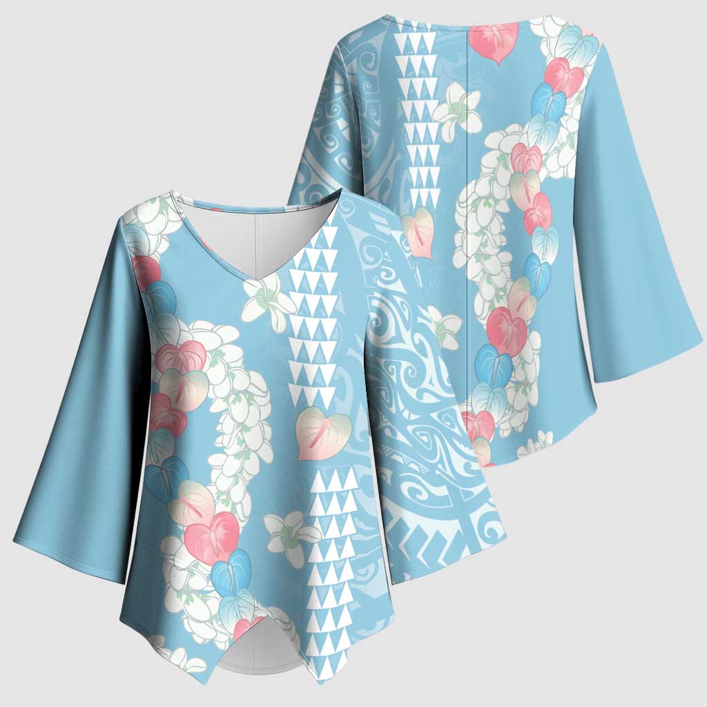 Blue Hawaii Anthurium Plumeria Lei Kimono Sleeve Blouse LT9 - Polynesian Pride