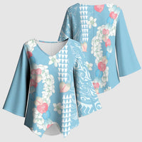 Blue Hawaii Anthurium Plumeria Lei Kimono Sleeve Blouse LT9 - Polynesian Pride