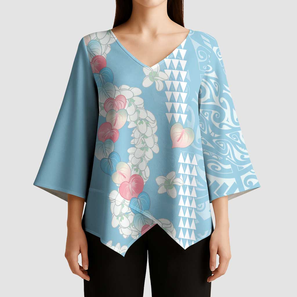 Blue Hawaii Anthurium Plumeria Lei Kimono Sleeve Blouse LT9 - Polynesian Pride