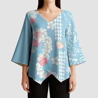 Blue Hawaii Anthurium Plumeria Lei Kimono Sleeve Blouse LT9 - Polynesian Pride