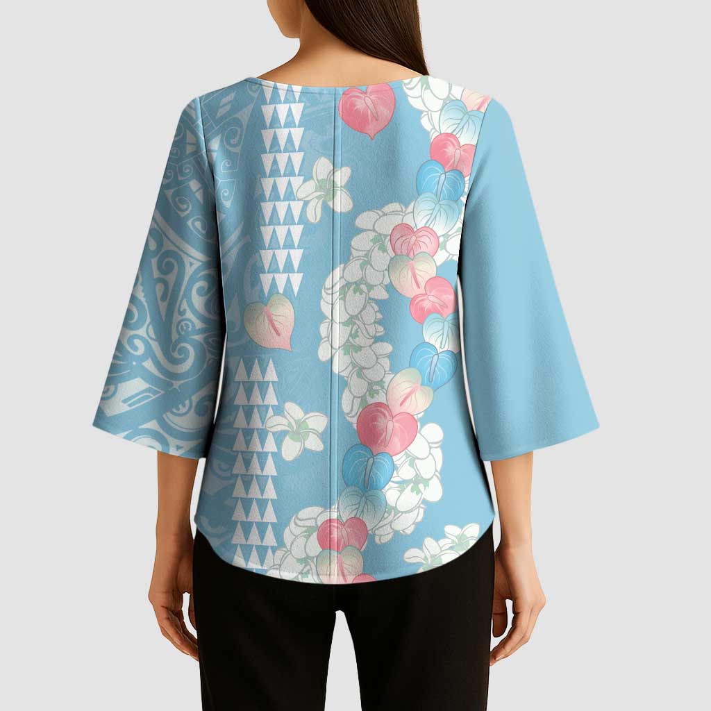 Blue Hawaii Anthurium Plumeria Lei Kimono Sleeve Blouse LT9 - Polynesian Pride