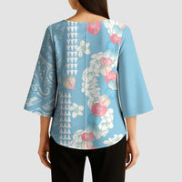 Blue Hawaii Anthurium Plumeria Lei Kimono Sleeve Blouse LT9 - Polynesian Pride
