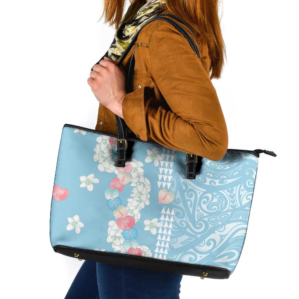 Blue Hawaii Anthurium Plumeria Lei Leather Tote Bag LT9 Blue - Polynesian Pride