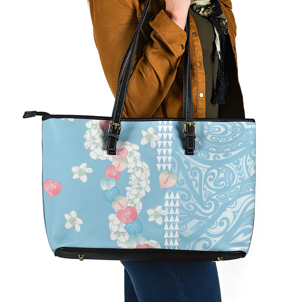 Blue Hawaii Anthurium Plumeria Lei Leather Tote Bag LT9 - Polynesian Pride