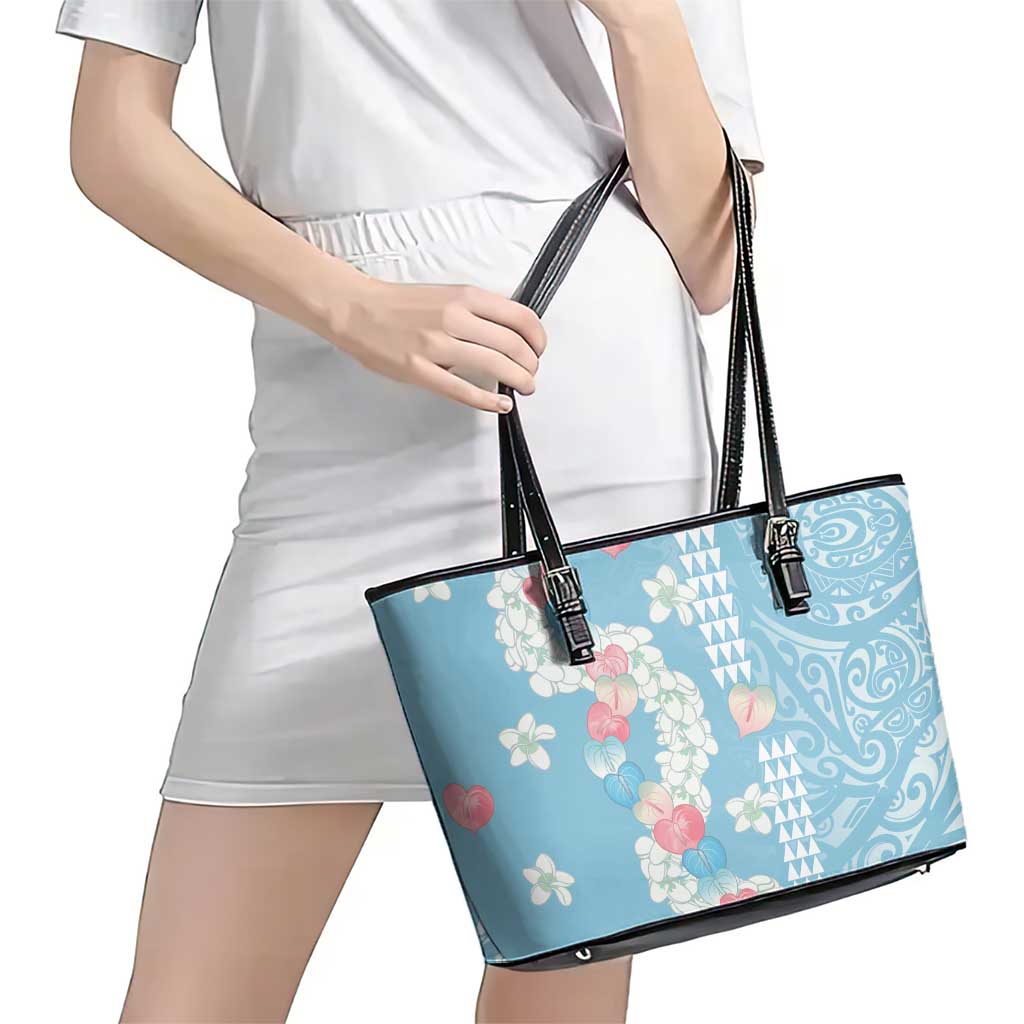 Blue Hawaii Anthurium Plumeria Lei Leather Tote Bag LT9 - Polynesian Pride
