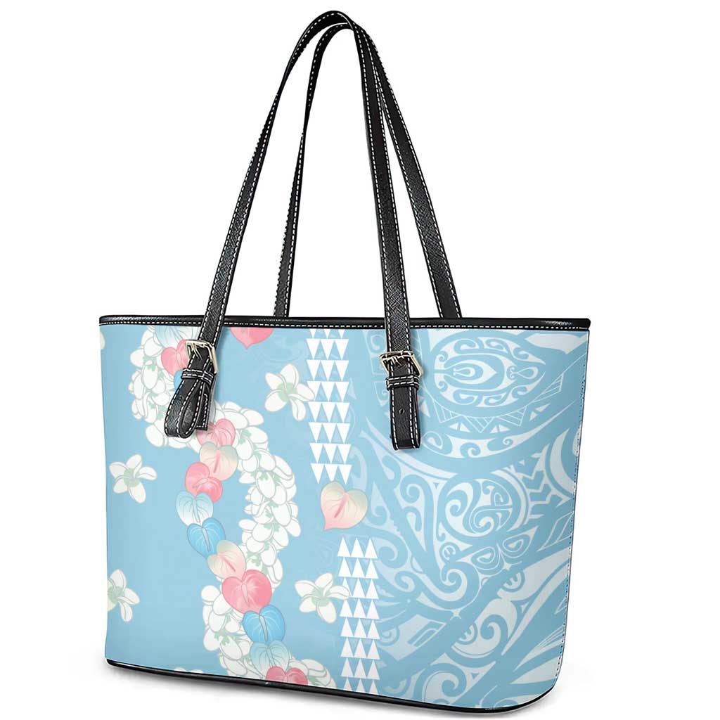 Blue Hawaii Anthurium Plumeria Lei Leather Tote Bag LT9 - Polynesian Pride