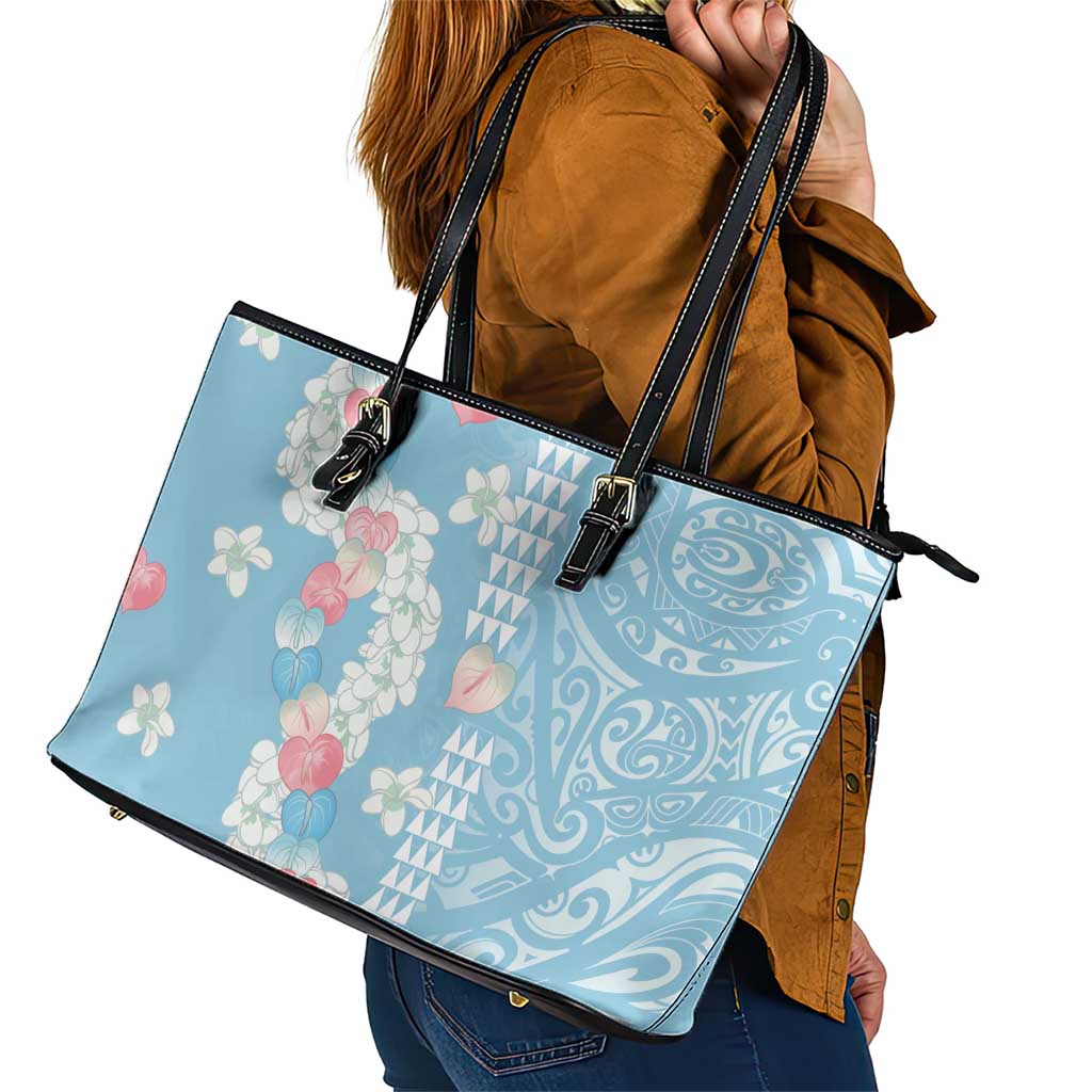 Blue Hawaii Anthurium Plumeria Lei Leather Tote Bag LT9 - Polynesian Pride