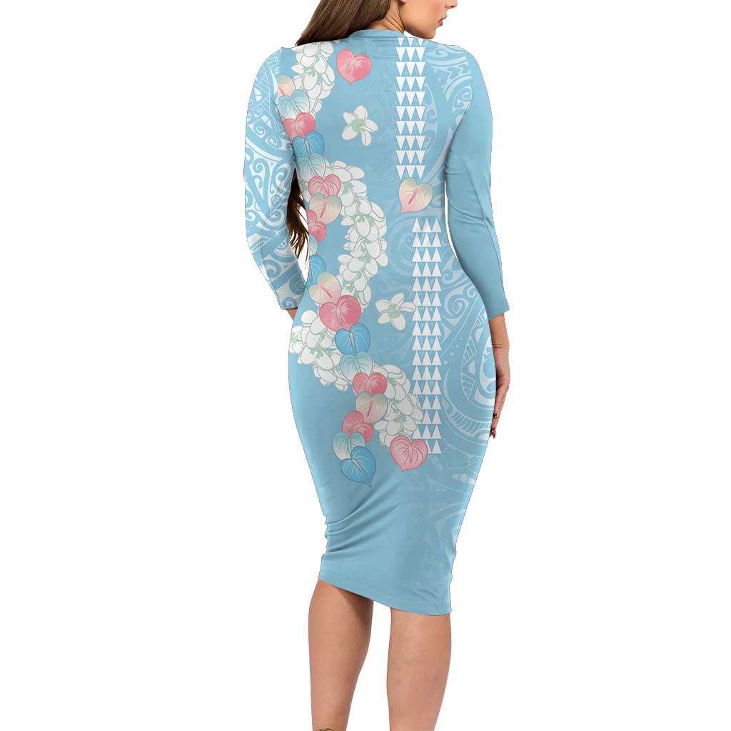 Blue Hawaii Anthurium Plumeria Lei Long Sleeve Bodycon Dress LT9 - Polynesian Pride