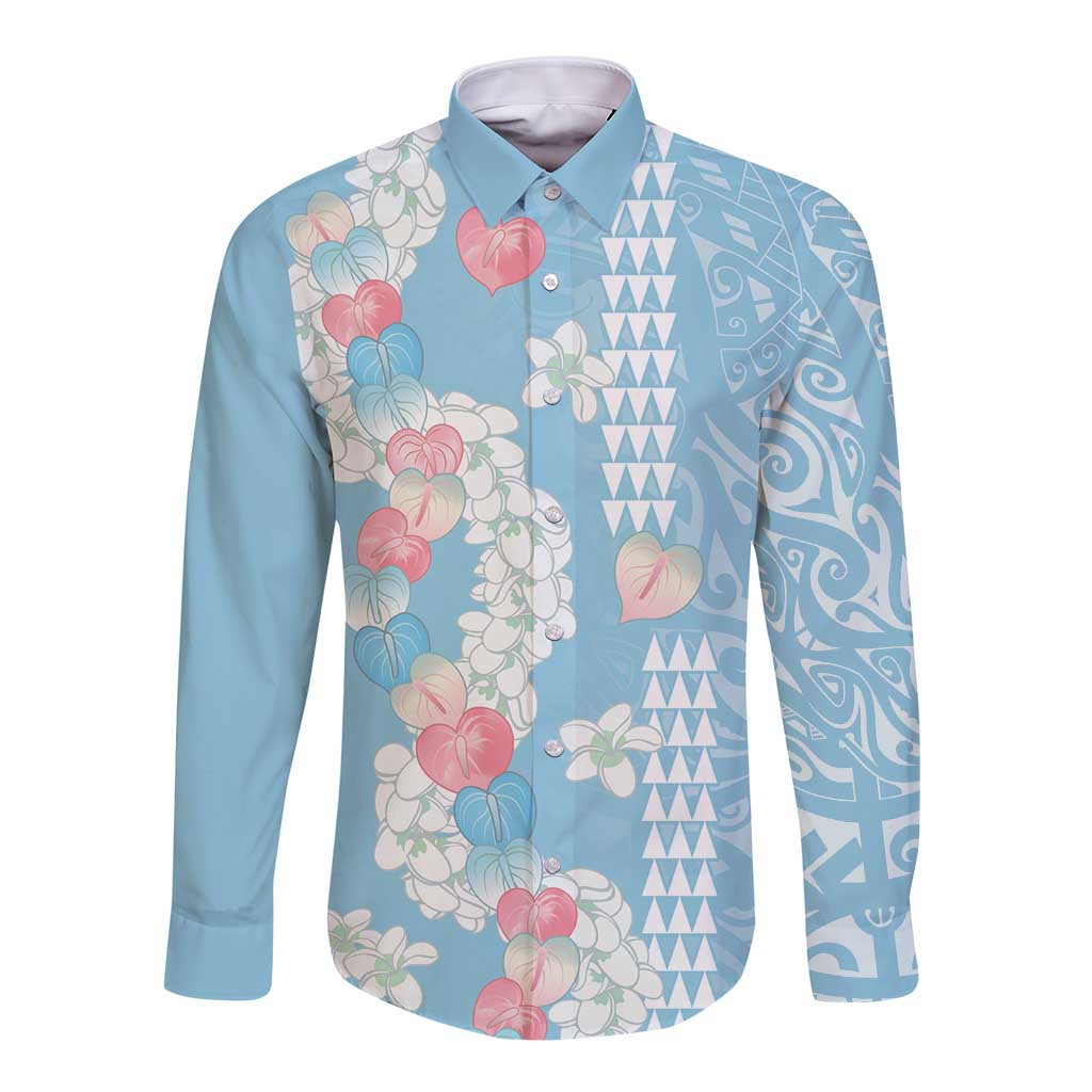 Blue Hawaii Anthurium Plumeria Lei Long Sleeve Button Shirt LT9 Unisex Blue - Polynesian Pride