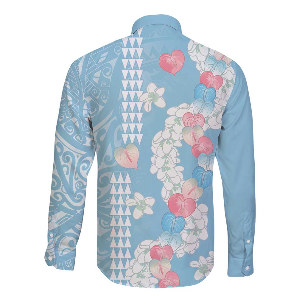 Blue Hawaii Anthurium Plumeria Lei Long Sleeve Button Shirt LT9 - Polynesian Pride