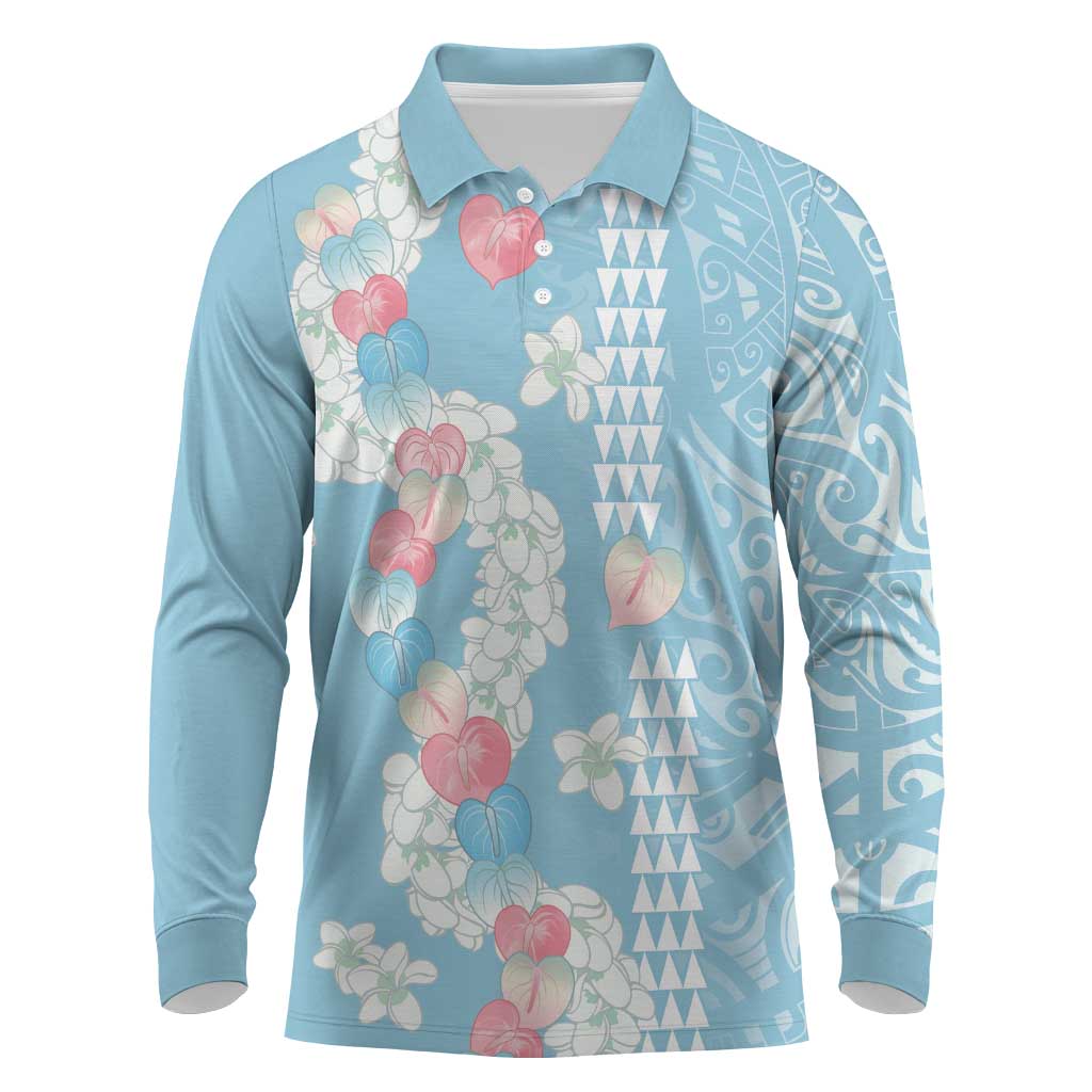 Blue Hawaii Anthurium Plumeria Lei Long Sleeve Polo Shirt LT9 Blue - Polynesian Pride