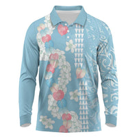 Blue Hawaii Anthurium Plumeria Lei Long Sleeve Polo Shirt LT9 Blue - Polynesian Pride