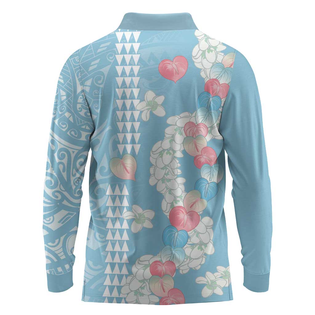 Blue Hawaii Anthurium Plumeria Lei Long Sleeve Polo Shirt LT9 - Polynesian Pride
