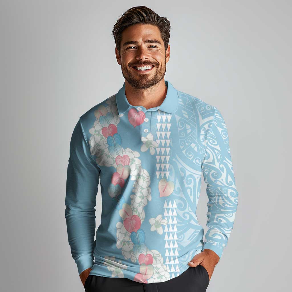 Blue Hawaii Anthurium Plumeria Lei Long Sleeve Polo Shirt LT9 - Polynesian Pride