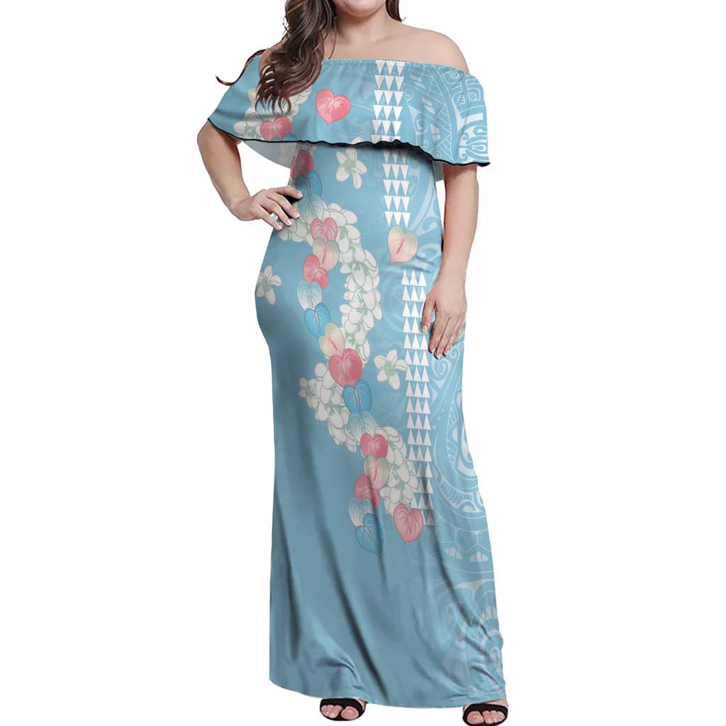 Blue Hawaii Anthurium Plumeria Lei Off Shoulder Maxi Dress LT9 Women Blue - Polynesian Pride