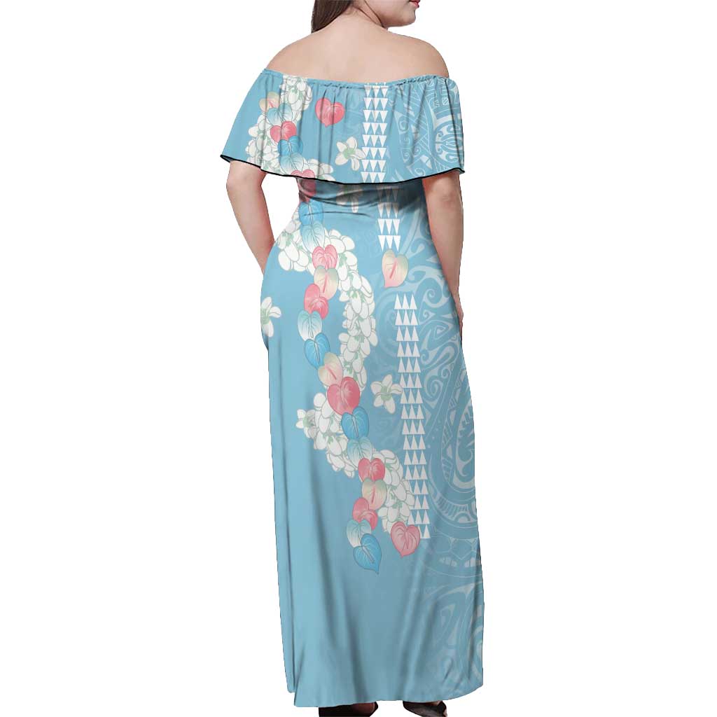 Blue Hawaii Anthurium Plumeria Lei Off Shoulder Maxi Dress LT9 - Polynesian Pride