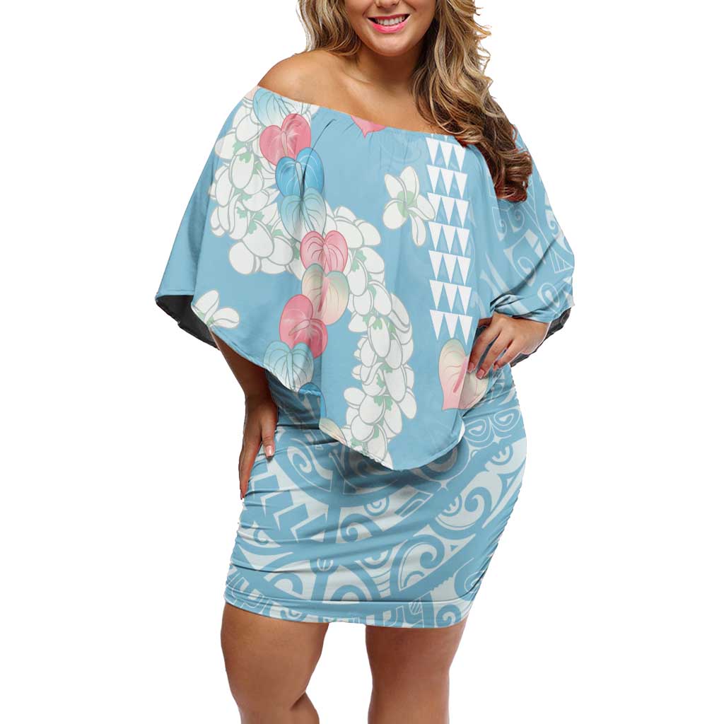 Blue Hawaii Anthurium Plumeria Lei Off Shoulder Short Dress LT9 Women Blue - Polynesian Pride