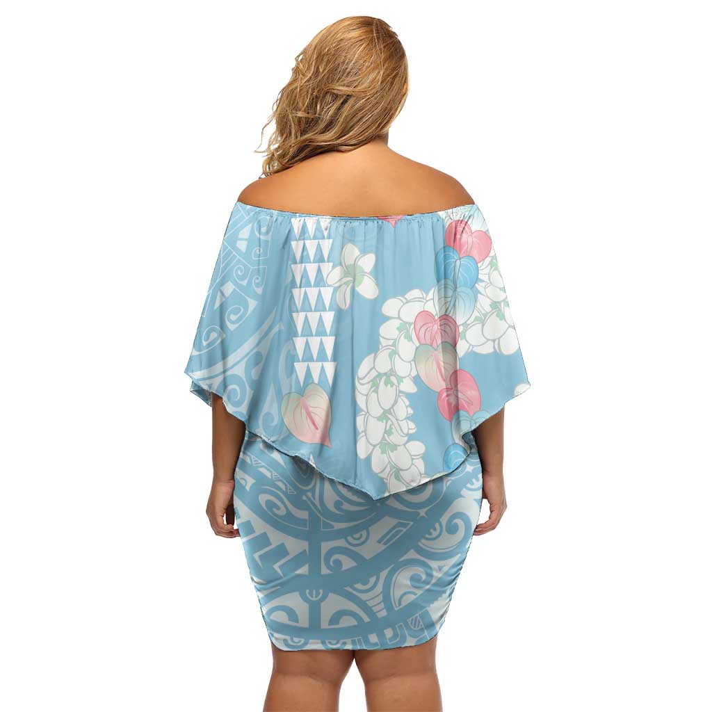 Blue Hawaii Anthurium Plumeria Lei Off Shoulder Short Dress LT9 - Polynesian Pride