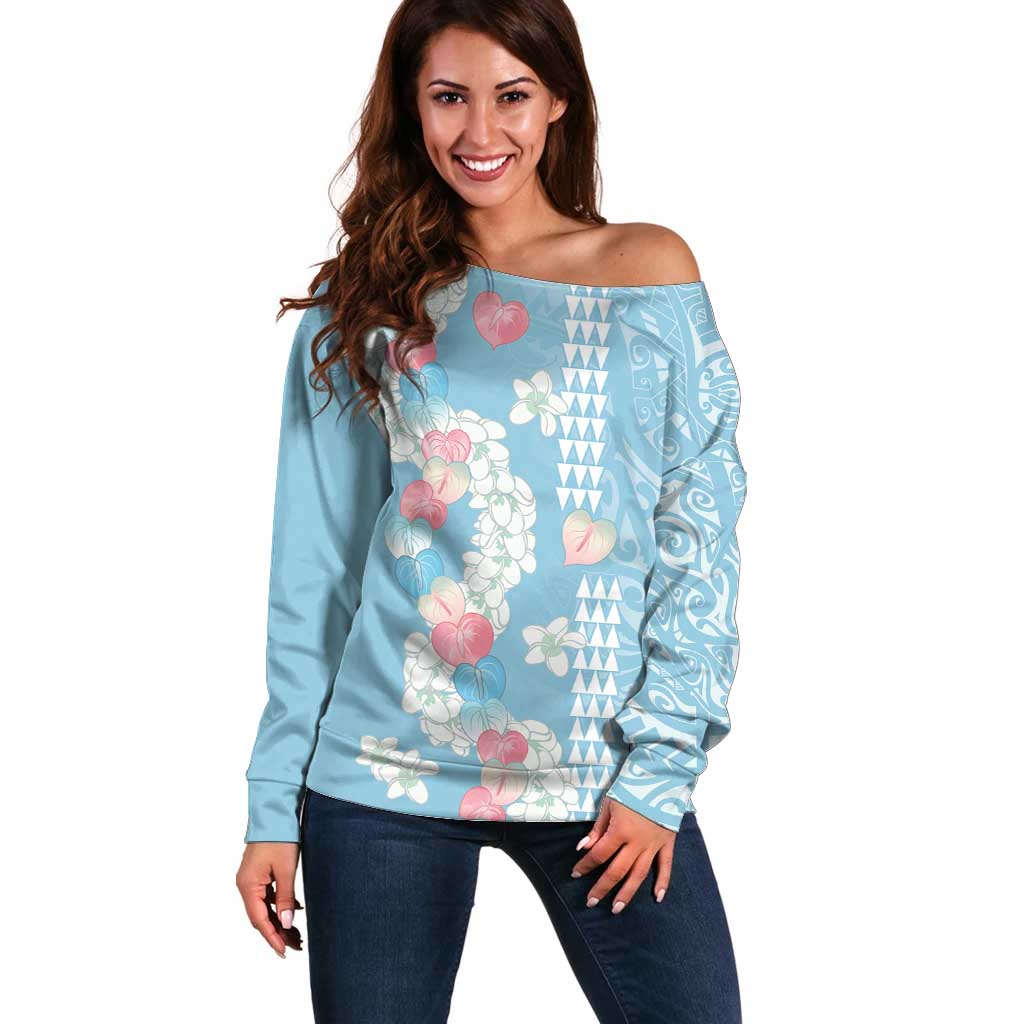 Blue Hawaii Anthurium Plumeria Lei Off Shoulder Sweater LT9 Women Blue - Polynesian Pride