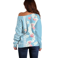 Blue Hawaii Anthurium Plumeria Lei Off Shoulder Sweater LT9 - Polynesian Pride